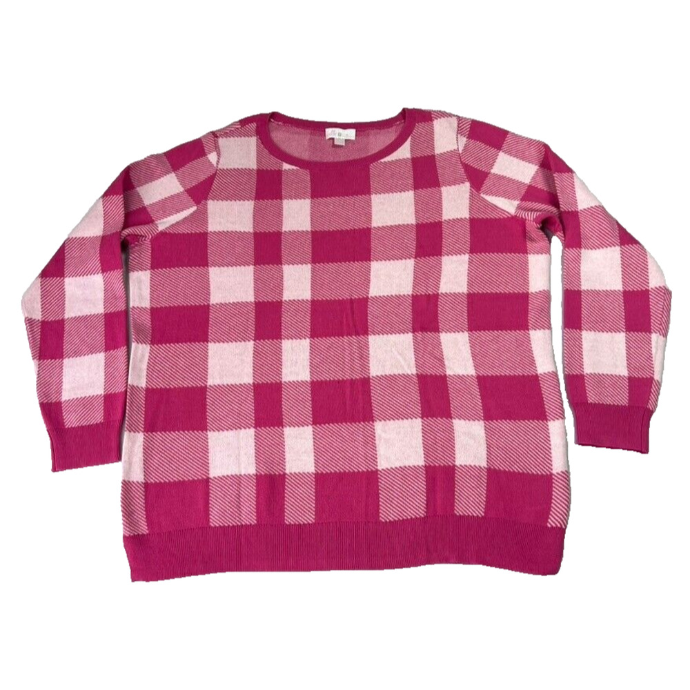 Belle Kim Gravel Sweater Womens XL Pink Jacquard Plaid Split Hem Pullover Knit